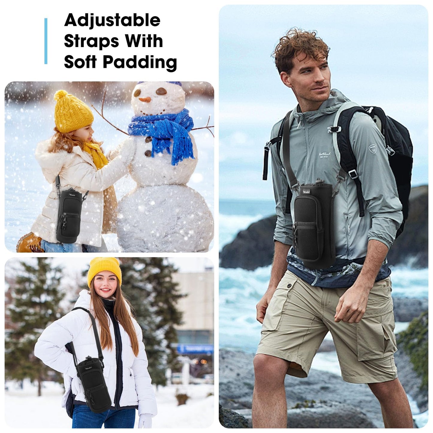 ToLuLu 25/32oz Water Bottle Carrier Bag with Phone Pocket,Insulated Neoprene Adjustable Shoulder Strap Water Bottle Pouch Case, Crossbody Water Bottle Holder Sling Sleeve for Men Women Kids, Black