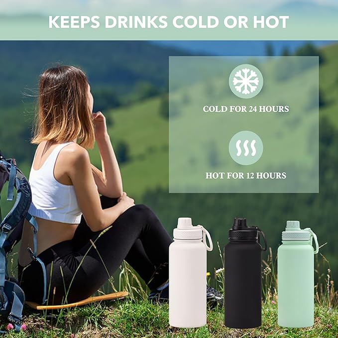 Black 32 OZ Insulated Water Bottle, Large Metal Stainless Steel Water Flask, Big Sports Travel Water Bottle with 2 Lids, Insulated Thermos Thermal Mug Cup
