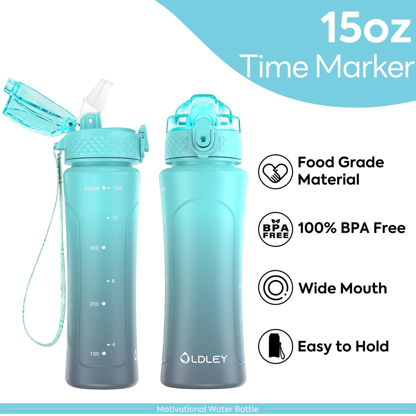 OLDLEY Kids Water Bottle with Straw 15 oz BPA-Free Leak-Proof Motivational Water Bottles with Time Marker for School Sports Travel Gym, Easy to Use for Girls Goys, 1 Straw Lid, Blue Grey