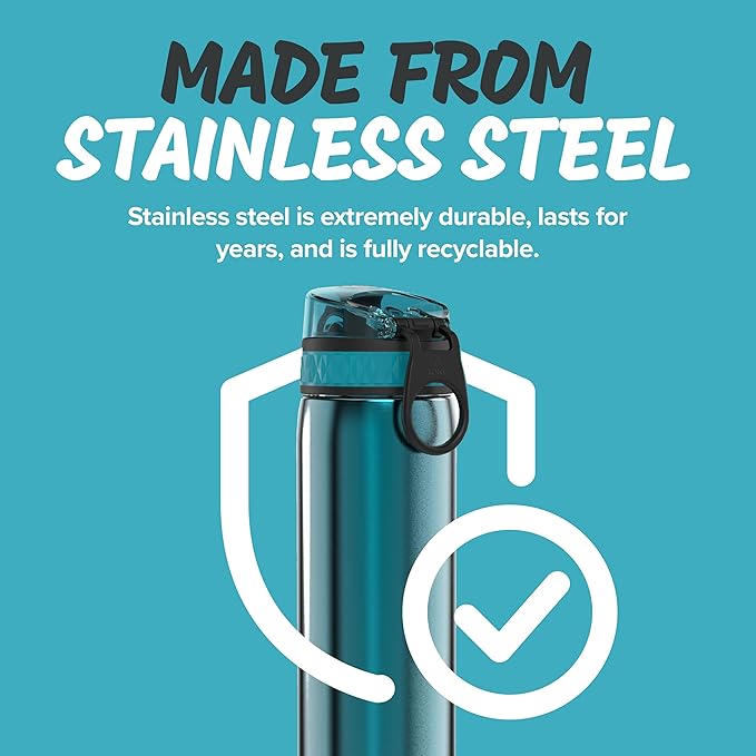 Ion8 Steel Water Bottle, 600 ml/20 oz, Leak Proof, Easy to Open, Secure Lock, Dishwasher Safe, Hygienic Flip Cover, Fits Cup Holders, Carry Handle, Durable, Carbon Neutral, Metallic Aqua