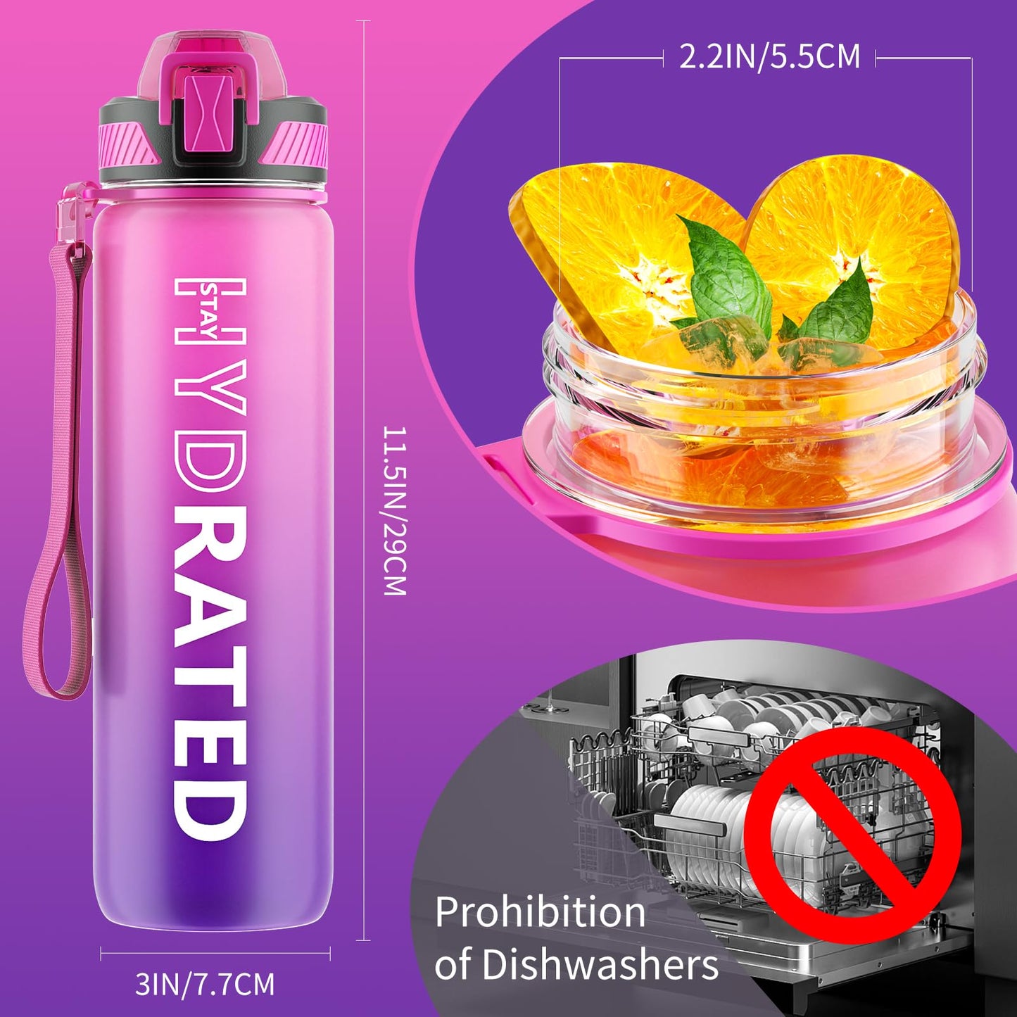 QLUR Water Bottle with Straw, 32 oz Motivational Water Bottles with Time Marker to Drink, Tritan BPA Free, 1L Sports Water Bottle with Carry Strap LeakProof for Women Gym Fitness Outdoor (1 Pack)