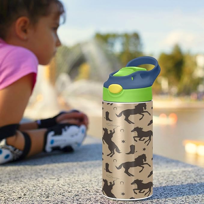Cowboy Kids Water Bottle with Straw Male Black Horses Insulated Stainless Steel BPA-Free Sport Bottles for Boys Girls Toddlers 12 oz Green Lid
