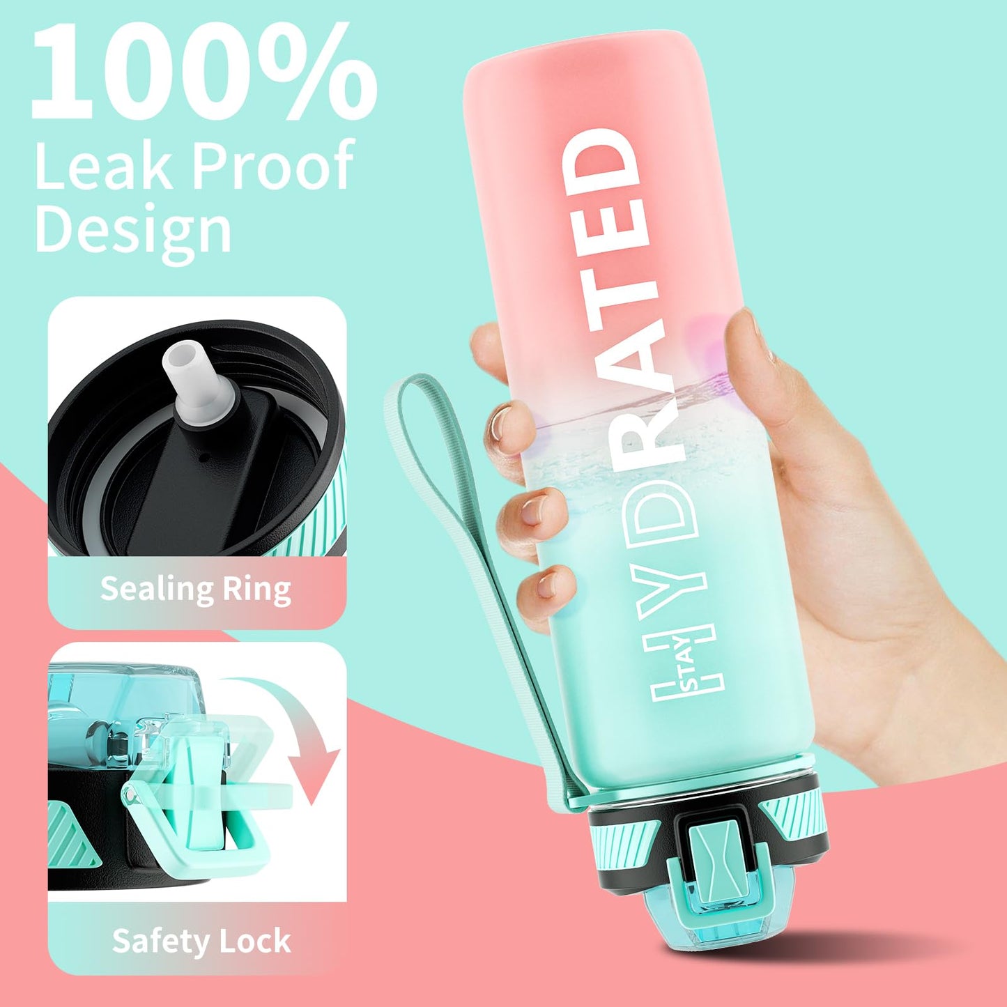 QLUR Water Bottle with Straw, 27 oz Motivational Water Bottles with Time Marker to Drink, Tritan BPA Free, 800ml Sports Water Bottle with Carry Strap LeakProof for School Fitness Outdoor (1Pack)