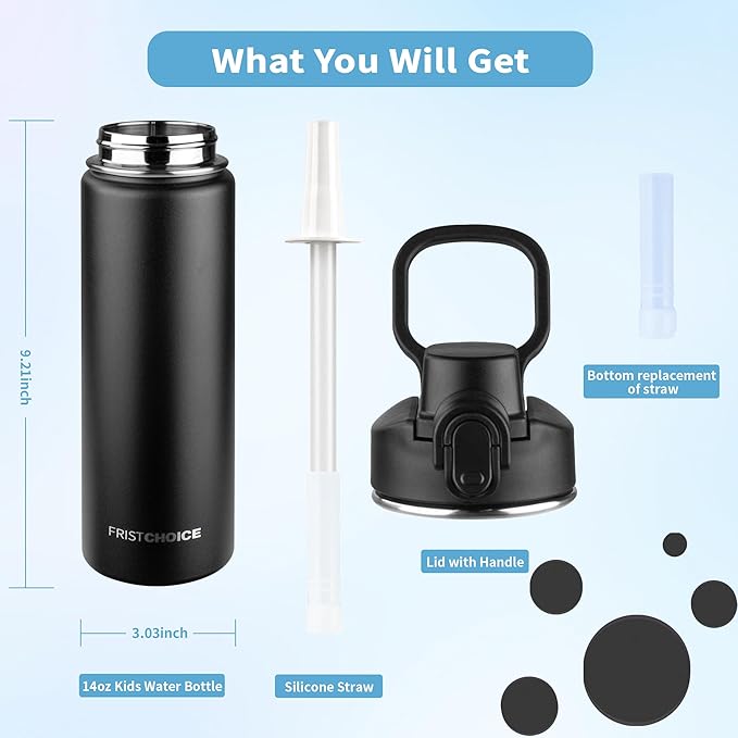 Insulated water bottle with Straw,24oz Stainless Steel Water Bottle for Adult Kids,Double Wall Vacuum Wide Mouth Insulated Water Bottle for Sports,BPA-free and Leak-proofοΌ24oz,BlackοΌ