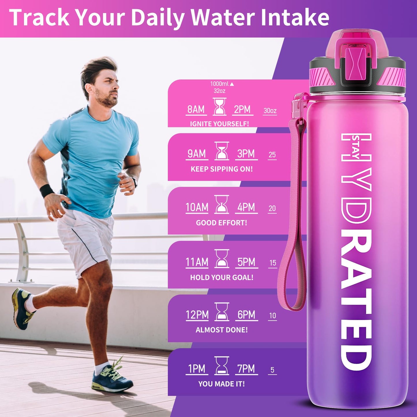 QLUR Water Bottle with Straw, 32 oz Motivational Water Bottles with Time Marker to Drink, Tritan BPA Free, 1L Sports Water Bottle with Carry Strap LeakProof for Women Gym Fitness Outdoor (1 Pack)
