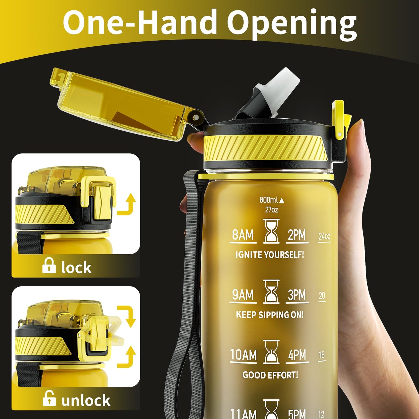 QLUR Water Bottle with Straw, 27 oz Motivational Water Bottles with Time Marker to Drink, Tritan BPA Free, 800ml Sports Water Bottle with Carry Strap LeakProof for School Fitness Outdoor (1Pack)