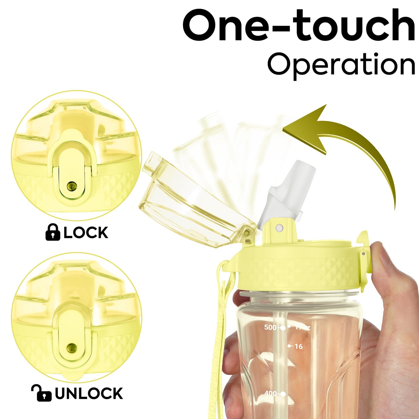 OLDLEY Kids Water Bottle with Straw 15 oz BPA-Free Leak-Proof Motivational Water Bottles with Time Marker for School Sports Travel Gym, Easy to Use for Girls Goys, 1 Straw Lid, Transparent-yellow