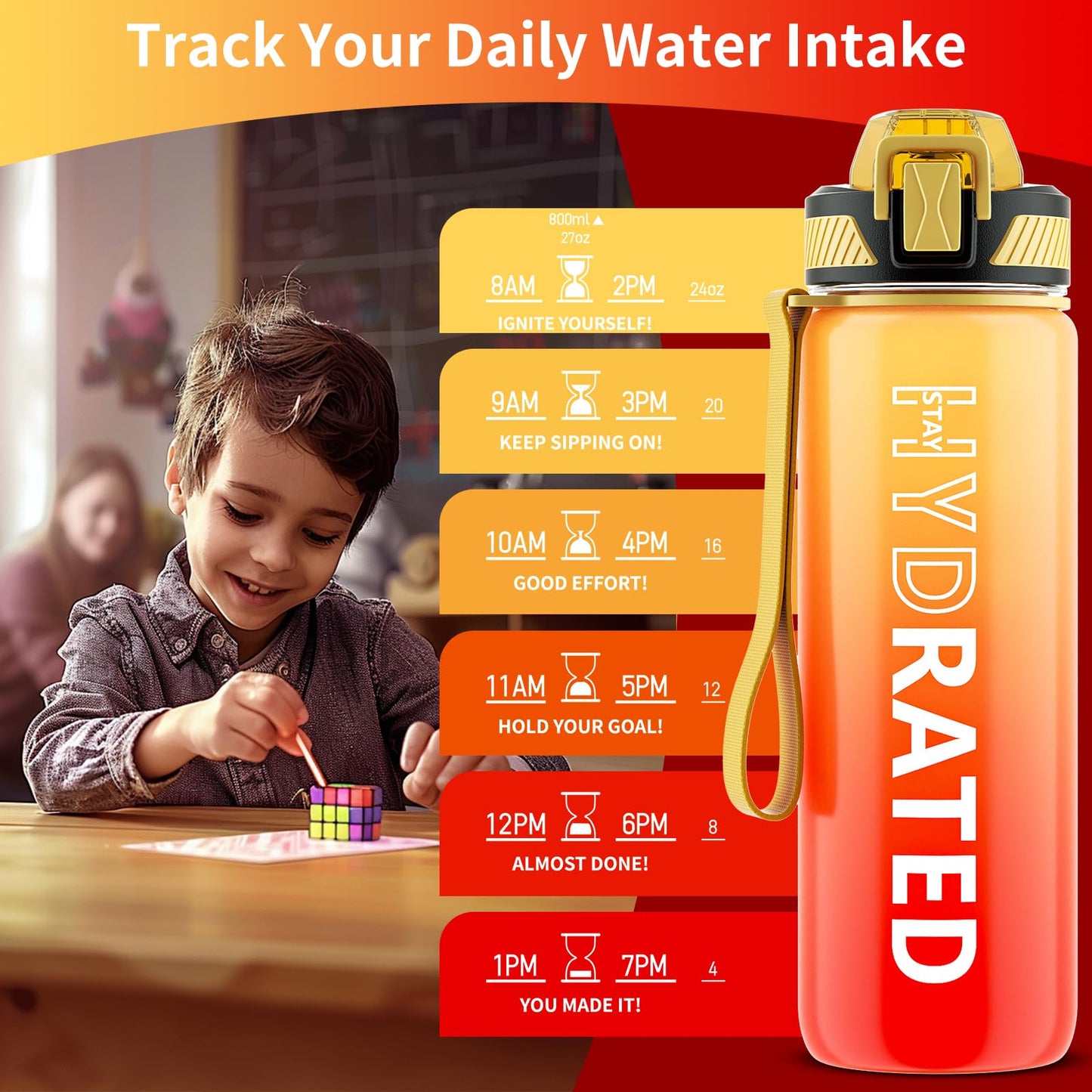 QLUR Water Bottle with Straw, 27 oz Motivational Water Bottles with Time Marker to Drink, Tritan BPA Free, 800ml Sports Water Bottle with Carry Strap LeakProof for School Fitness Outdoor (1Pack)