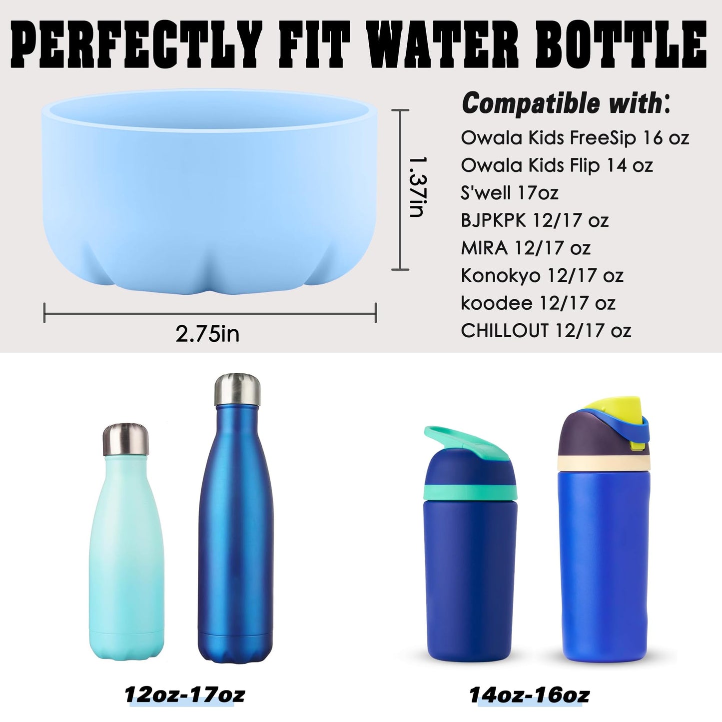 VIKIZUES Silicone Boot Compatible with Owala Kids Water Bottle 14/16 oz & S'well 17oz Water Bottle and More 12/17 oz Stainless Steel Water Bottles, Anti-Slip Bottom Protector Sleeve (Light Blue)
