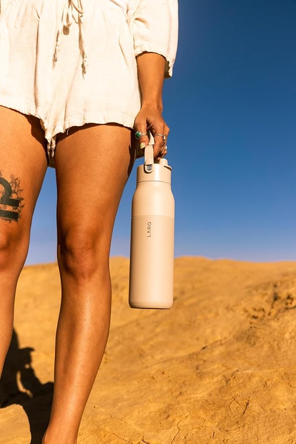 LARQ Bottle Swig Top 34oz - Insulated Stainless Steel Water Bottle With Built-In Silicone Handle | Thermos, BPA Free | Reusable Water Bottle for Sports, Gym, and Travel, Mojave Dune