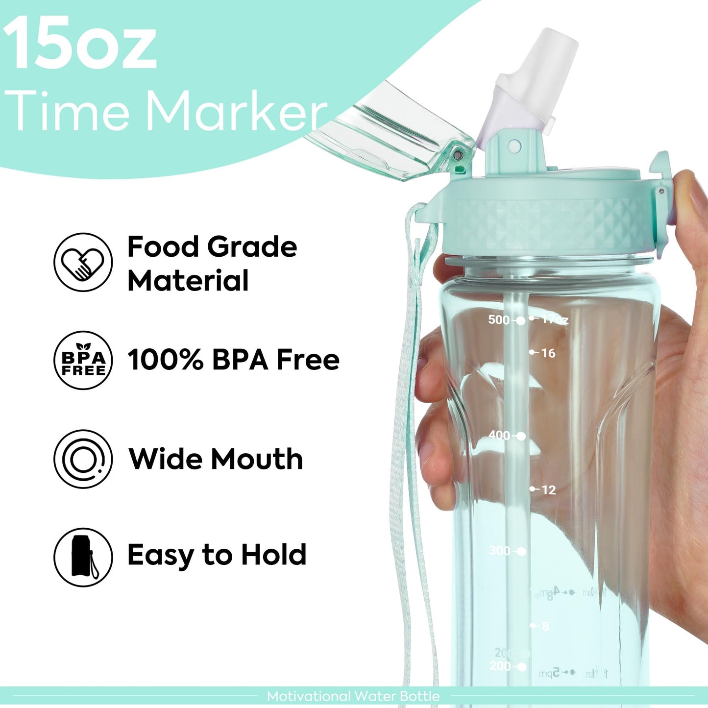 OLDLEY Kids Water Bottle with Straw 15 oz BPA-Free Leak-Proof Motivational Water Bottles with Time Marker for School Sports Travel Gym, Easy to Use for Girls Goys, 1 Straw Lid, Transparent-green