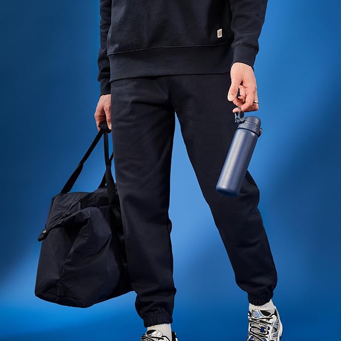ION8 Steel Water Bottle, 600 ml/20 oz, Leak Proof, Easy to Open, Secure Lock, Dishwasher Safe, Flip Cover, Fits Cup Holders, Carry Handle, Durable, Scratch Resistant, Carbon Neutral, Navy Blue