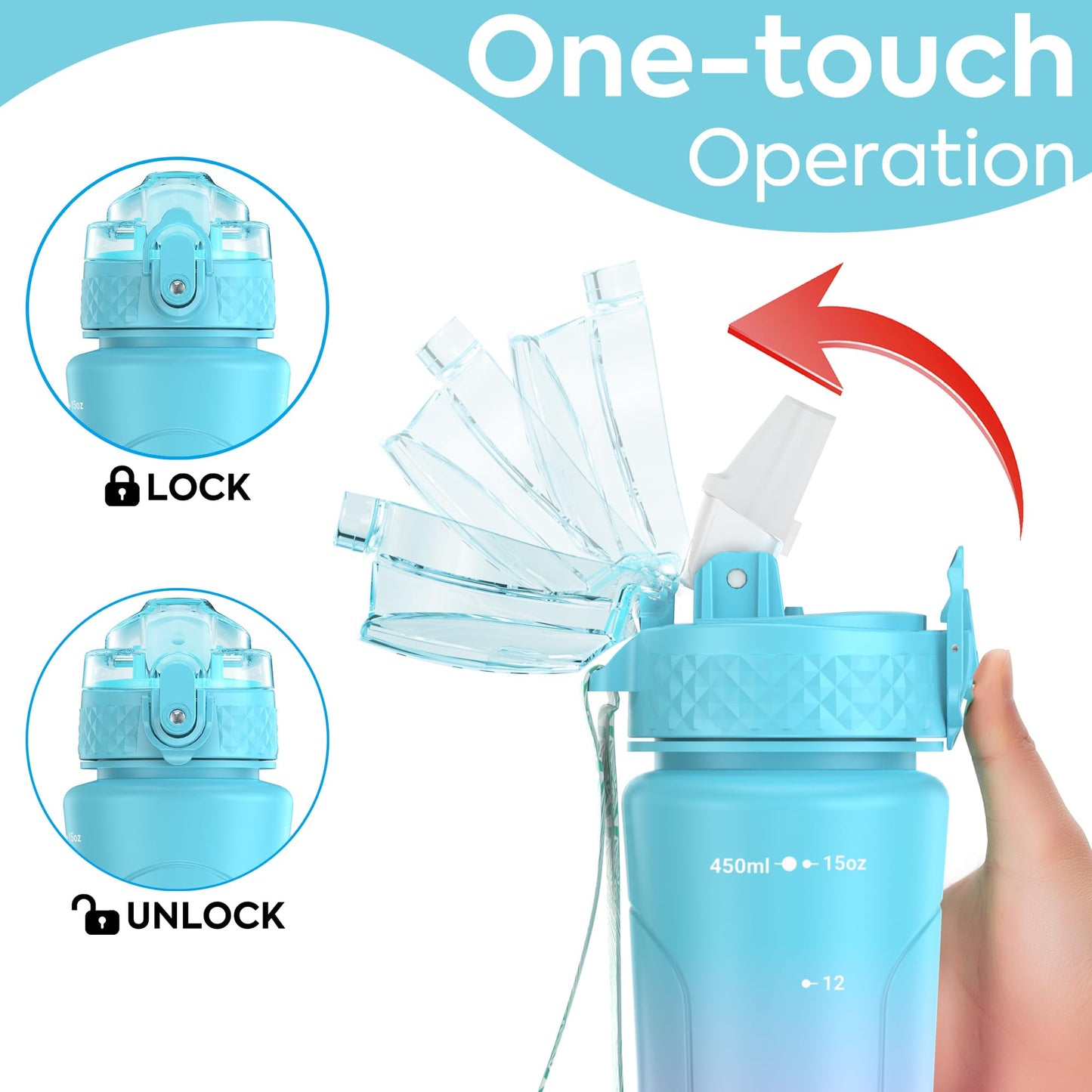 OLDLEY Kids Water Bottle with Straw 15 oz BPA-Free Leak-Proof Motivational Water Bottles with Time Marker for School Sports Travel Gym, Easy to Use for Girls Goys, 1 Straw Lid, Blue Purple