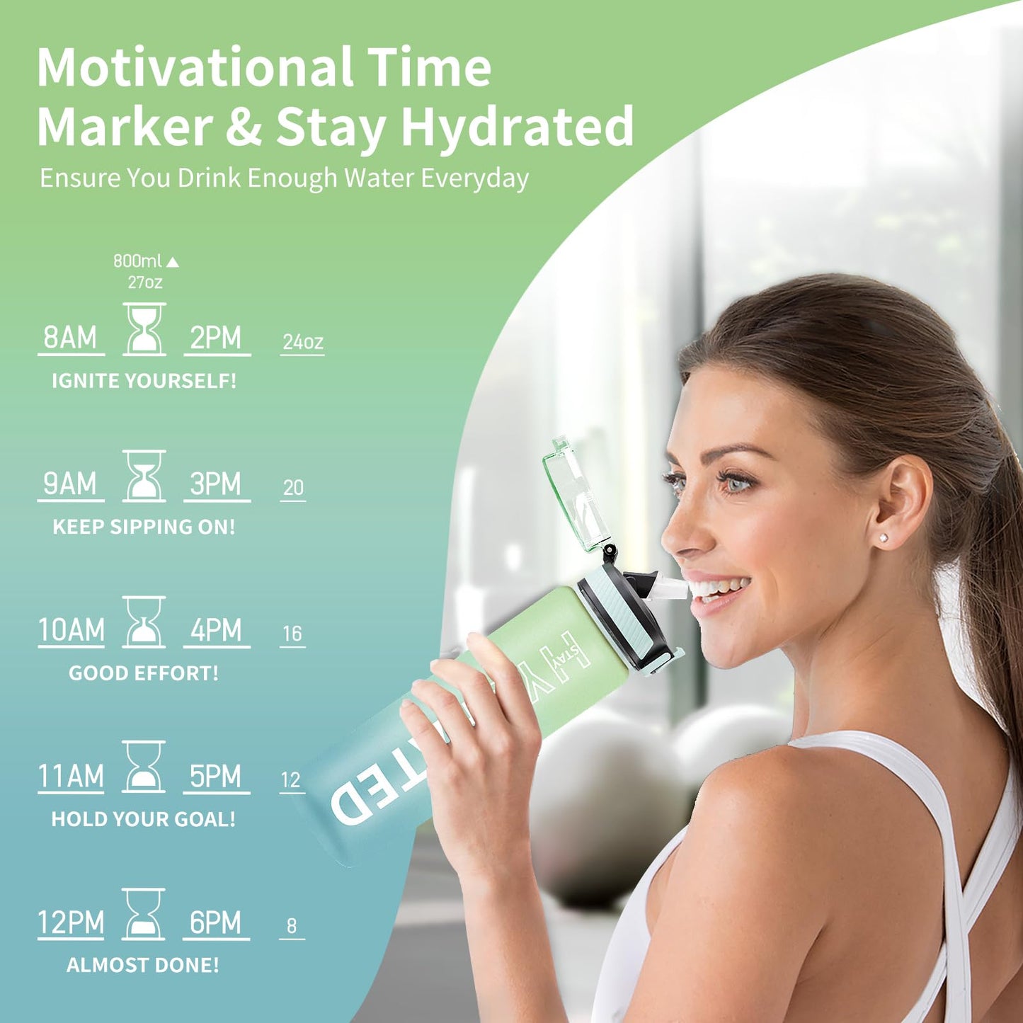 QLUR Water Bottle with Straw, 27 oz Motivational Water Bottles with Time Marker to Drink, Tritan BPA Free, 800ml Sports Water Bottle with Carry Strap LeakProof for School Fitness Outdoor (1Pack)