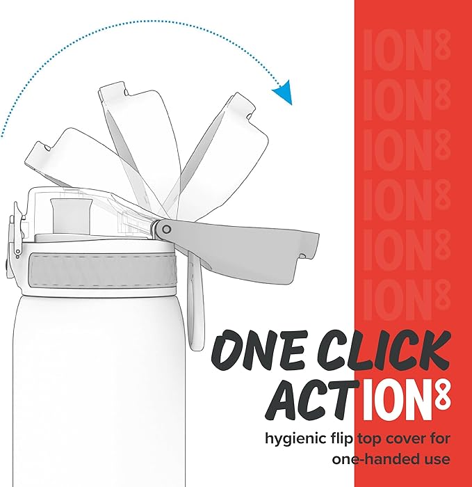 Ion8 Steel Water Bottle, 600 ml/20 oz, Leak Proof, Easy to Open, Secure Lock, Dishwasher Safe, Hygienic Flip Cover, Fits Cup Holders, Carry Handle, Durable, Carbon Neutral, Metallic Red
