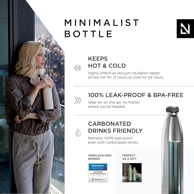 LARS NYSØM Stainless Steel Insulated Water Bottle 12oz 17oz 25oz 34oz 51oz | BPA-free Insulated Thermo Flask for Hot and Cold Beverages | Leakproof Drinking Bottle (Stainless Steel, 34oz)