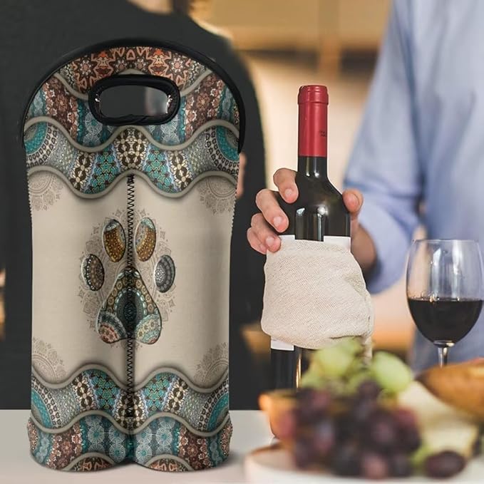 doginthehole 2 Bottle Wine Carrier Travel Bag Boho Dog Paw Print Thick Insulated Neoprene Wine Tote Portable Champagne/Water Bottle/Beer/Drinks Carrying Bag for Travel, Picnic, Party