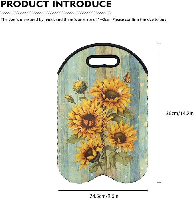 doginthehole Wood Sunflower Champagne Carrier Bag 2 Bottle Insulated Wine Tote Cooler Bag with Handle Neoprene Wine/Water Bottle Holder for Travel