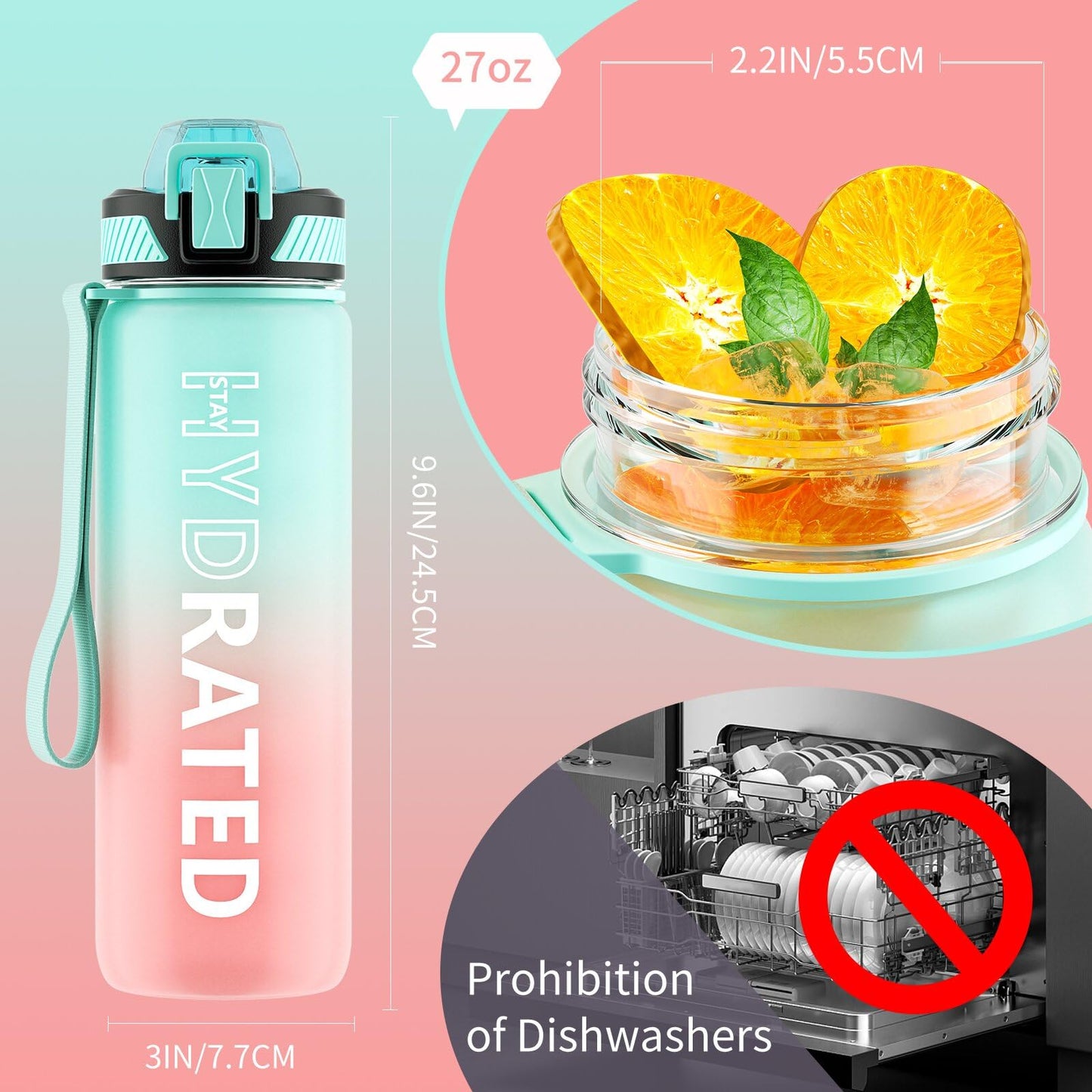 QLUR Water Bottle with Straw, 27 oz Motivational Water Bottles with Time Marker to Drink, Tritan BPA Free, 800ml Sports Water Bottle with Carry Strap LeakProof for School Fitness Outdoor (1Pack)