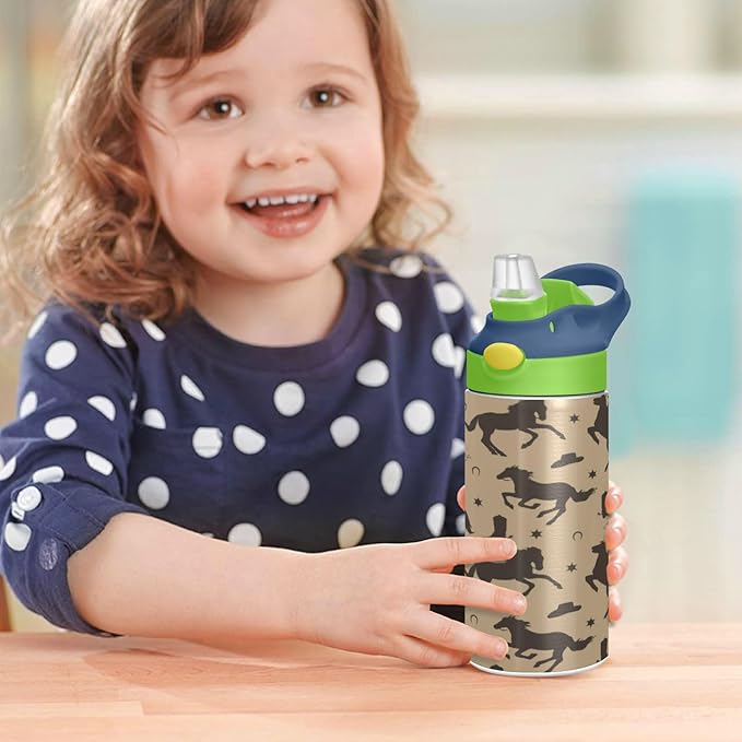 Cowboy Kids Water Bottle with Straw Male Black Horses Insulated Stainless Steel BPA-Free Sport Bottles for Boys Girls Toddlers 12 oz Green Lid