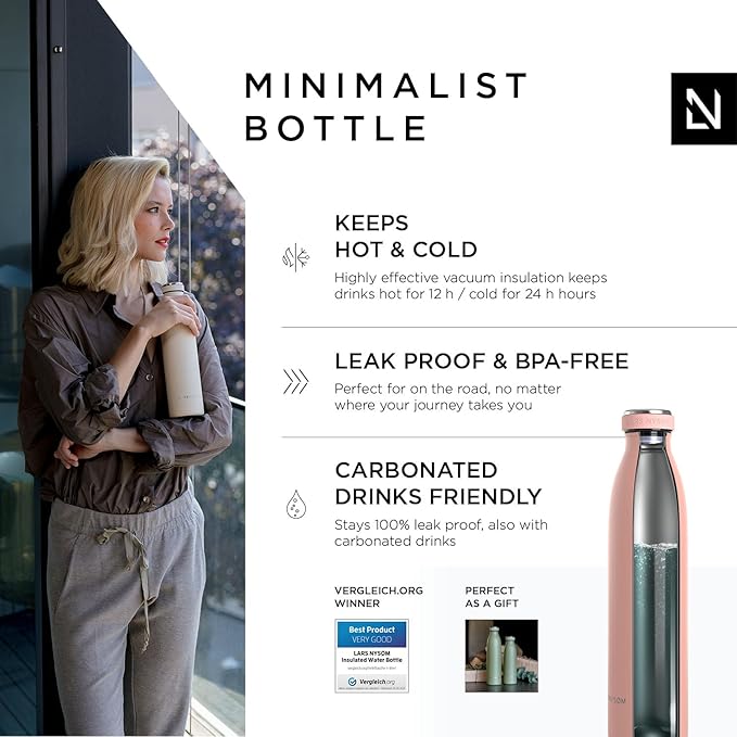 LARS NYSØM Stainless Steel Insulated Water Bottle 12oz 17oz 25oz 34oz 51oz | BPA-free Insulated Thermo Flask for Hot and Cold Beverages | Leakproof Drinking Bottle (Nude, 25oz)