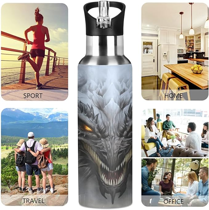 Blueangle 32 OZ Scary Dragon Water Bottle with Straw, Sports Water Bottle BPA Free Stainless Steel Water Jugs for Gym, Kitchen, Working, Outdoor(972)