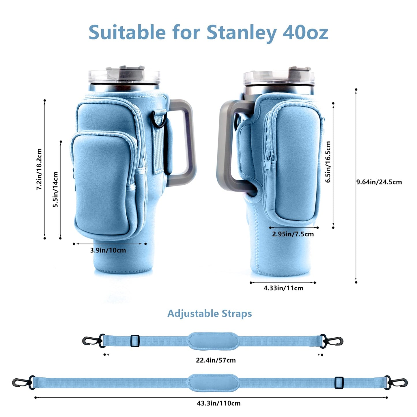 WNGERGOU Water Bottle Carrier Bag with Phone Pocket for Stanley, Water Bottle Holder with Strap for Stanley Accessories 40 oz, Stanley Cup Accessories Total 3 Pockets, Stanley Cup Bag (Blue)
