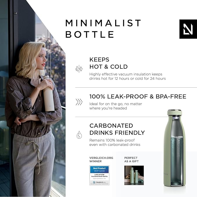 LARS NYSØM Stainless Steel Insulated Water Bottle 12oz 17oz 25oz 34oz 51oz | BPA-free Insulated Thermo Flask for Hot and Cold Beverages | Leakproof Drinking Bottle (Sage, 17oz)