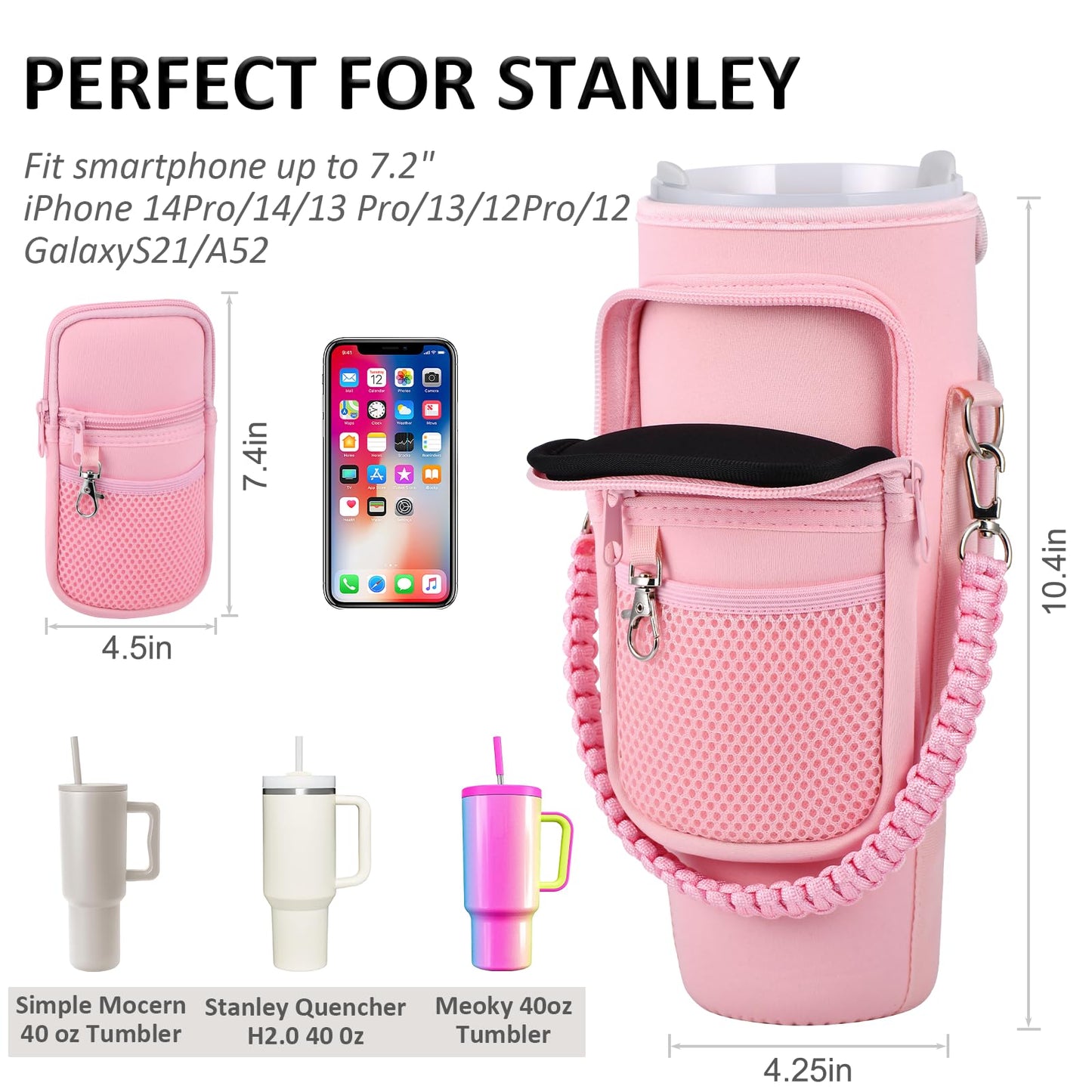 WEREWOLVES Water Bottle Carrier Bag with Phone Pocket for Stanley 40 oz Tumbler, Water Bottle Holder with Adjustable Strap & Paracord Handle, Neoprene Holder for Stanley Cup Accessories (Pink)