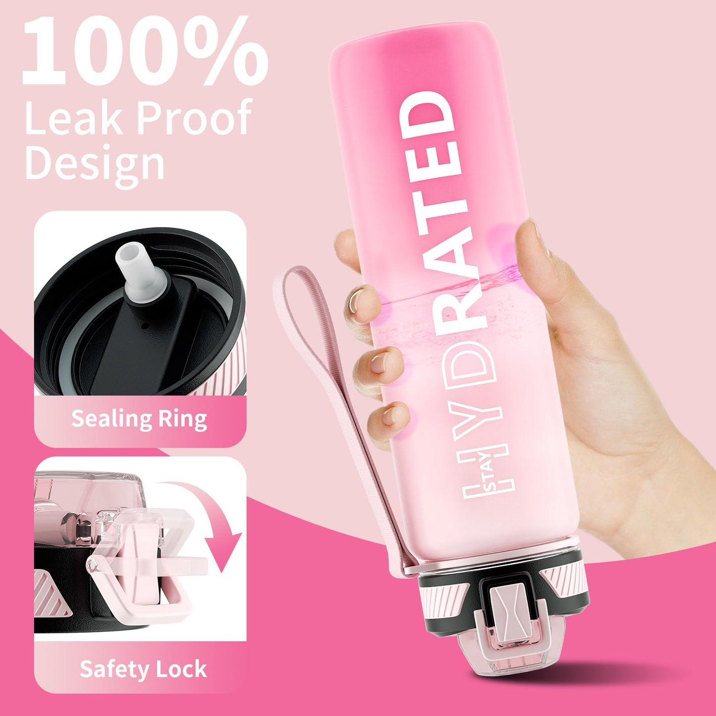 QLUR Water Bottle with Straw, 27 oz Motivational Water Bottles with Time Marker to Drink, Tritan BPA Free, 800ml Sports Water Bottle with Carry Strap LeakProof for School Fitness Outdoor (1Pack)