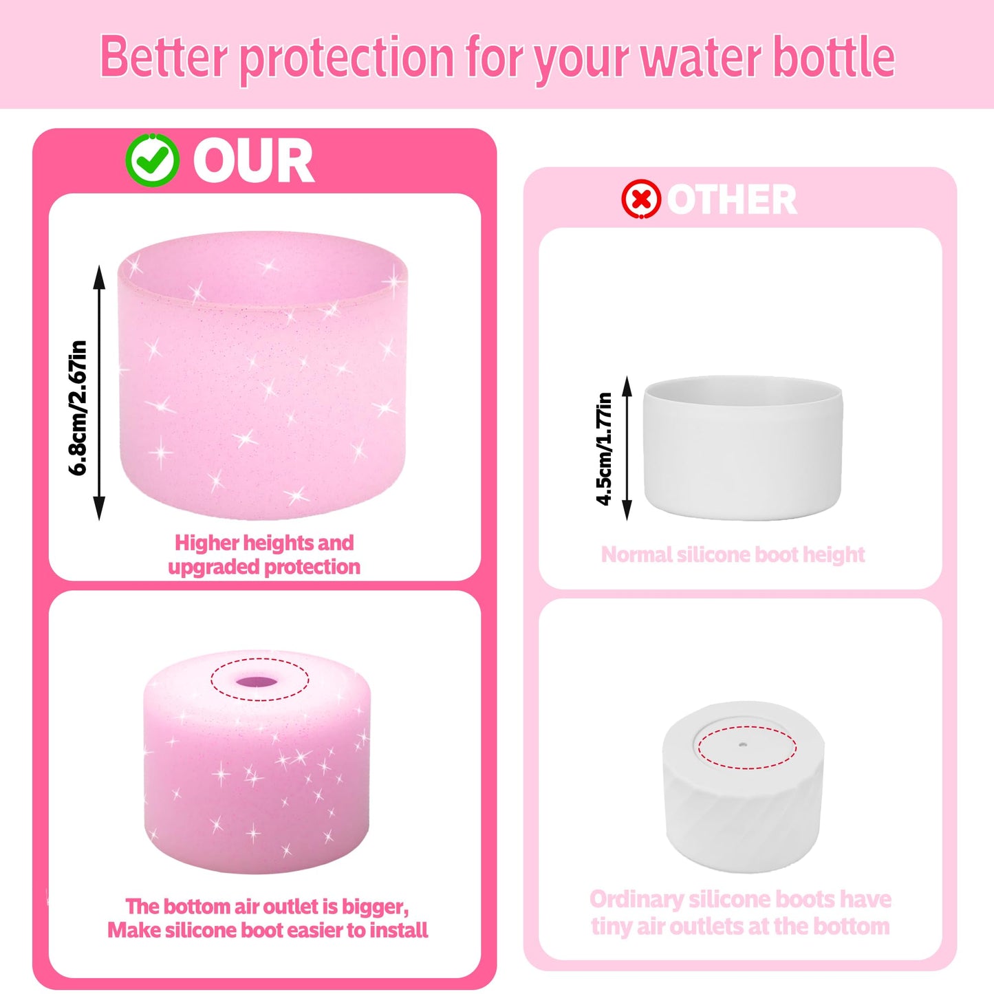 2PCS Silicone Water Bottle Boot for Owala 24oz 32oz 40oz,Anti-Slip Protective Sleeve Bottom Bumper Protector for FreeSip, Twist, and Flip Stainless Steel Water Bottles (Clear Glitter Pink, 24oz)