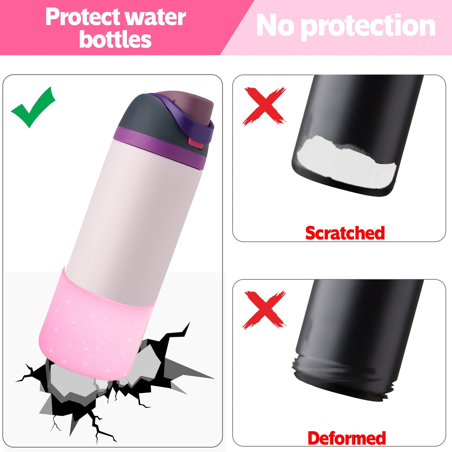 2PCS Silicone Water Bottle Boot for Owala 24oz 32oz 40oz,Anti-Slip Protective Sleeve Bottom Bumper Protector for FreeSip, Twist, and Flip Stainless Steel Water Bottles (Clear Glitter Pink, 24oz)