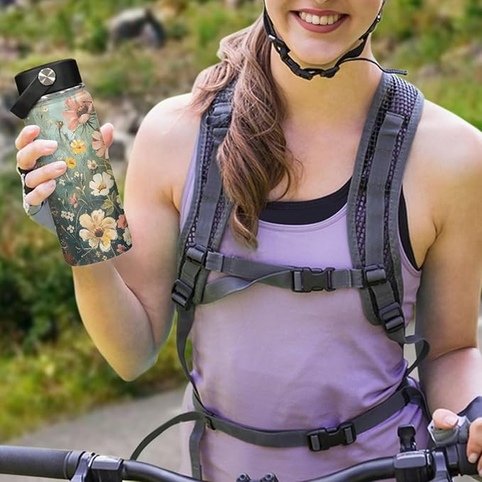 Floral Print Insulated Water Bottle for Women Stainless Steel Sports Water Flask Cup Portable Handle Hot and Cold Water Bottle, 20 Oz
