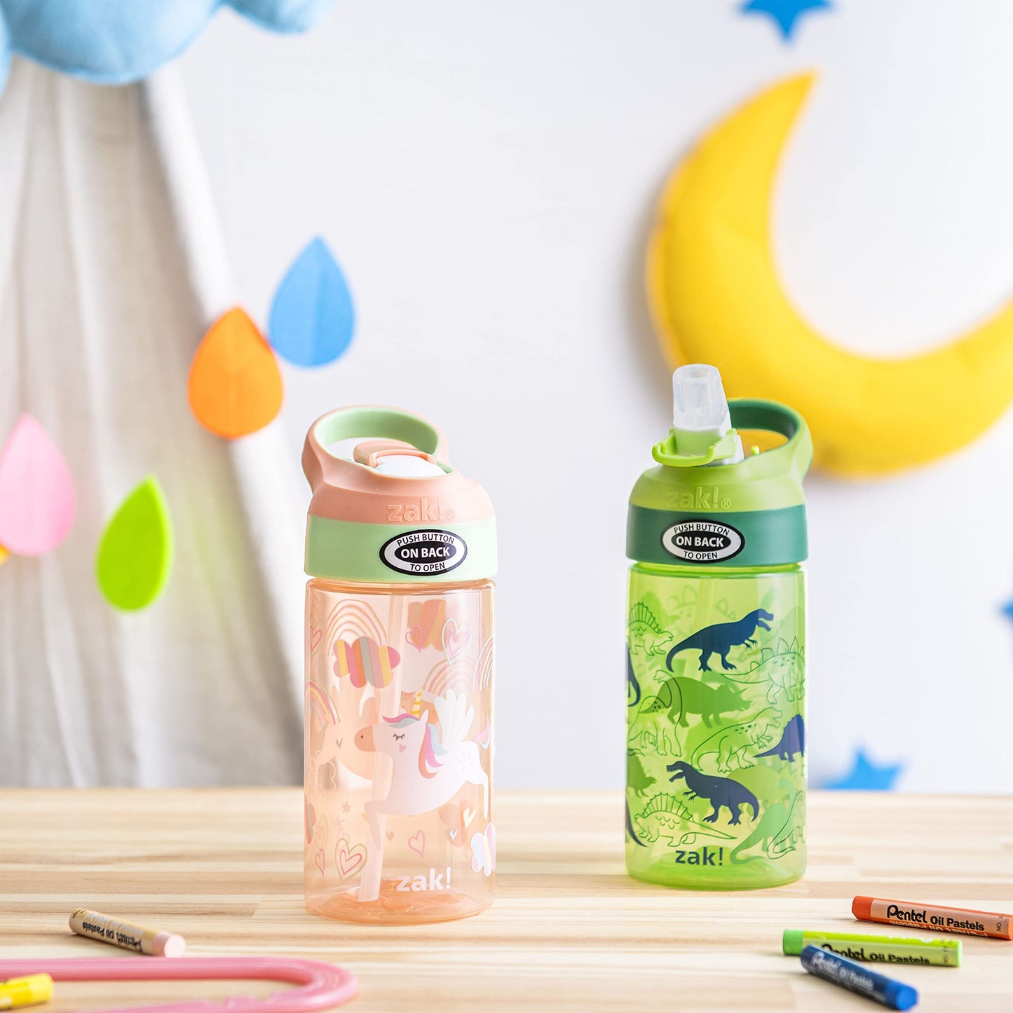 Zak Designs 16oz Riverside Kids Water Bottle with Spout Cover and Built-in Carrying Loop, Made of Durable Plastic, Leak-Proof Water Bottle Design for Travel (Unicorn & Dino Camo, Pack of 2)