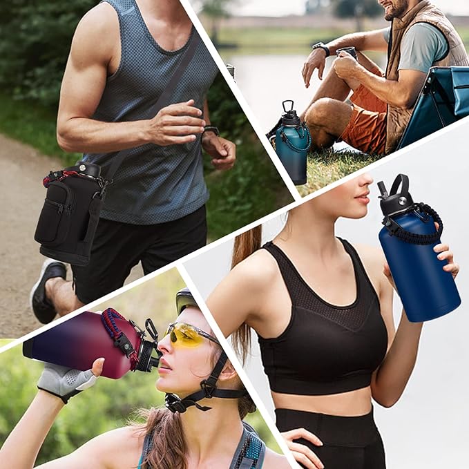 64OZ Insulated Water-Bottles with Straw - Spout Lid, Stainless Steel Metal Water Jug Keep Cold 48h/Hot 24h, Half Gallon Water Bottle w/ Paracord Handle & Carry Sleeve Strap for Hiking Camping Sport