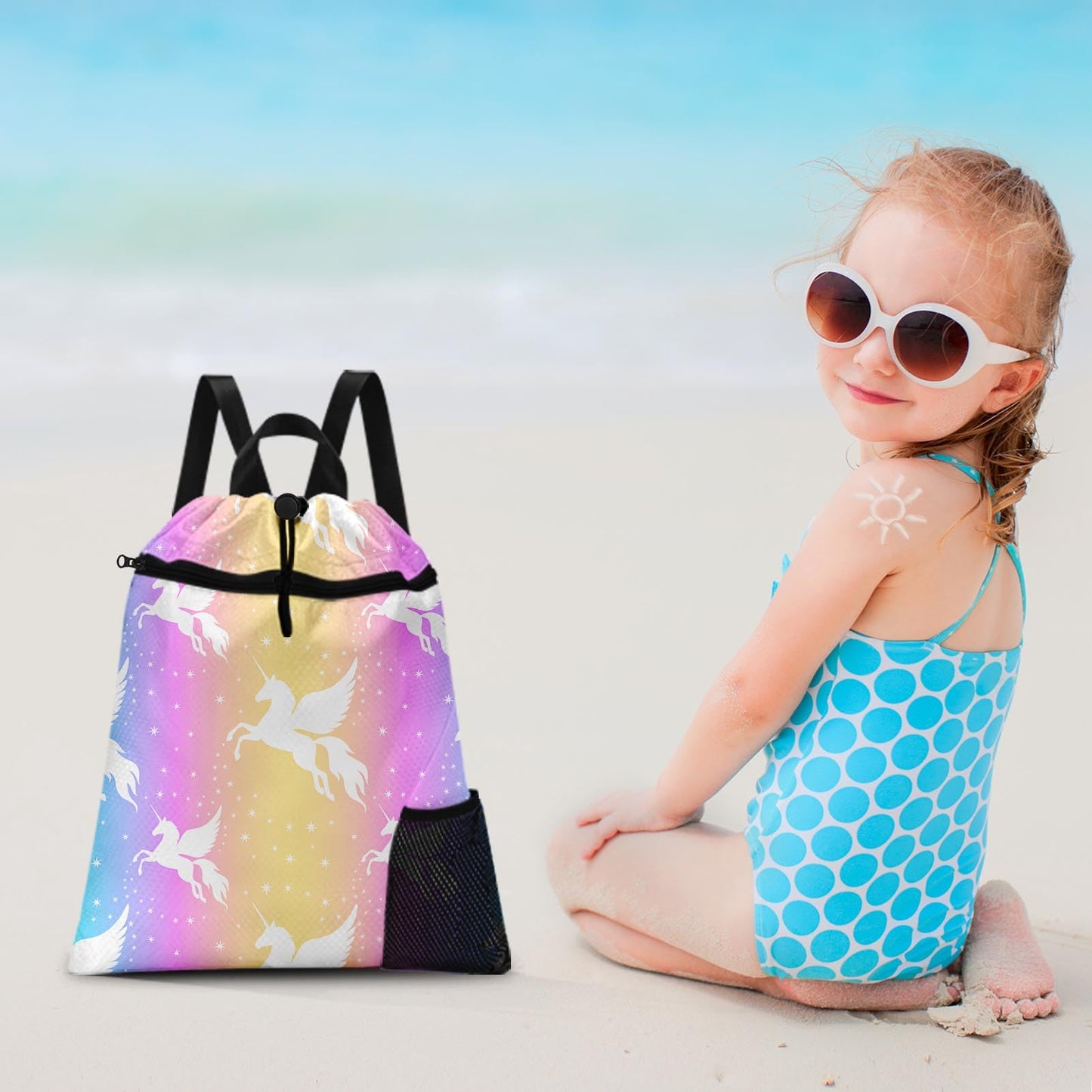Britown Unicorn Starry Rainbow Gym Drawstring Backpack Waterproof Cute Love Girl Swimming Beach Sackpack, Sports Yoga Dance Travel String Bag Birthday Gift Bags with Water Bottle Pocket