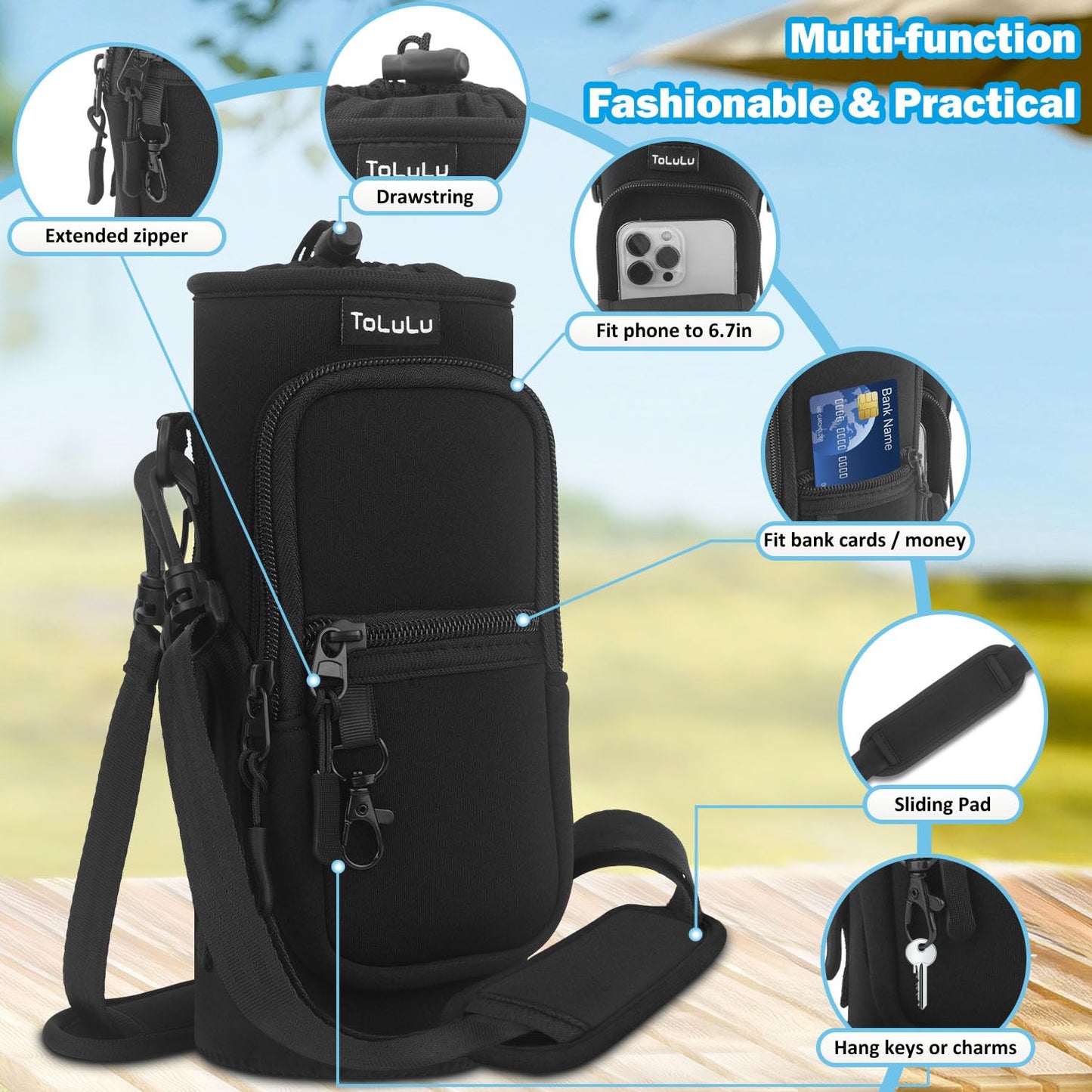 ToLuLu 25/32oz Water Bottle Carrier Bag with Phone Pocket,Insulated Neoprene Adjustable Shoulder Strap Water Bottle Pouch Case, Crossbody Water Bottle Holder Sling Sleeve for Men Women Kids, Black