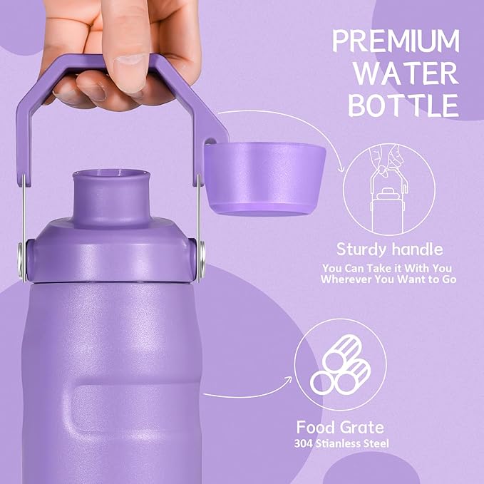 Water Bottle 24 OZ Angled Spout Lid Lightweight & Leakproof for Travel & Sports Insulated Stainless Steel BPA-Free (Black, 24oz)