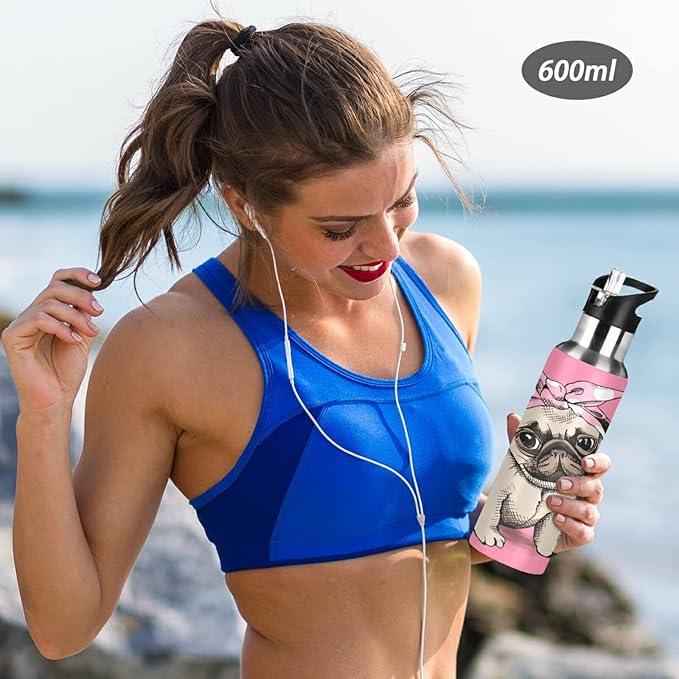 Blueangle 20 OZ Pink Headband Pug Water Bottle with Straw, Sports Water Bottle BPA Free Stainless Steel Water Jugs for Gym, Kitchen, Working, Outdoor
