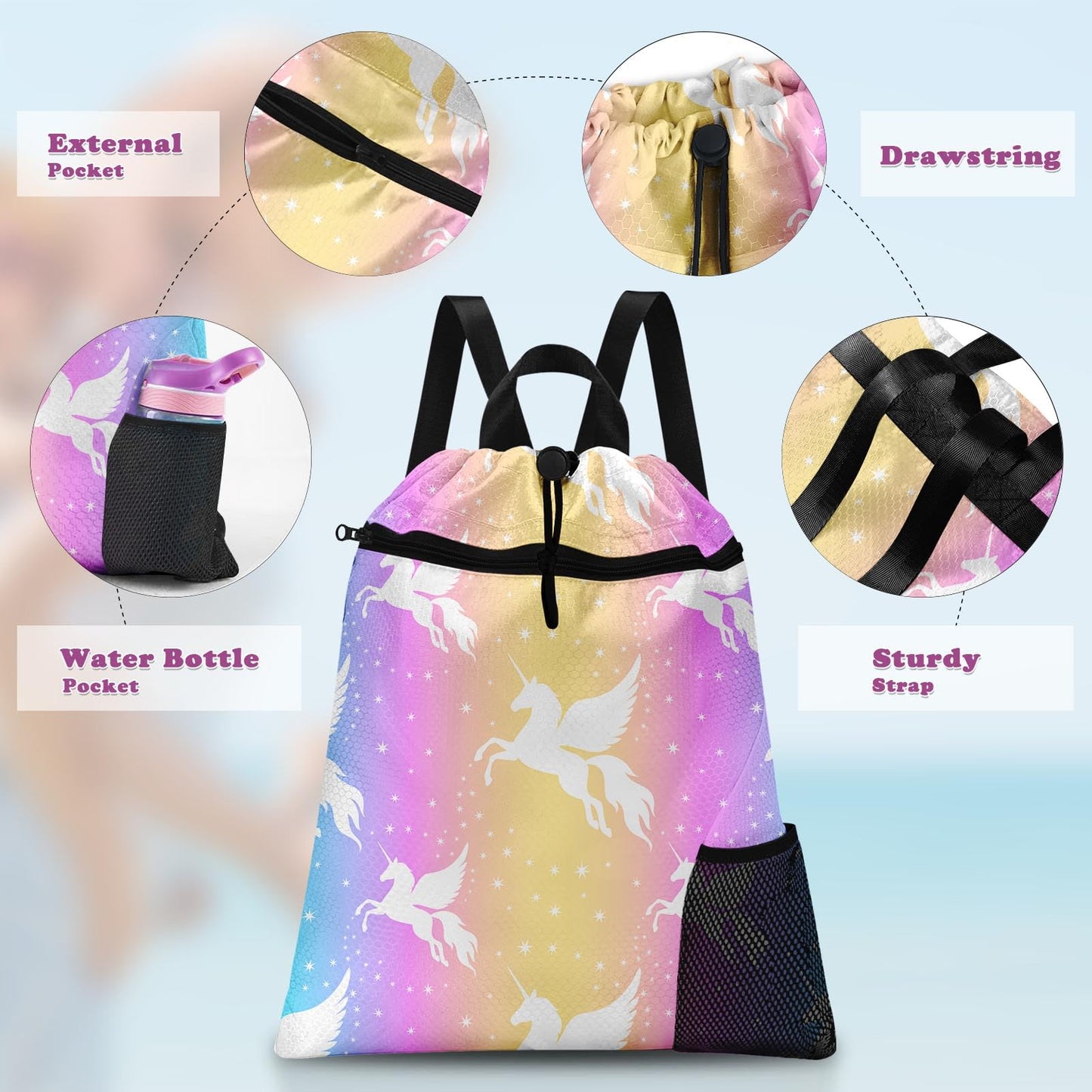 Britown Unicorn Starry Rainbow Gym Drawstring Backpack Waterproof Cute Love Girl Swimming Beach Sackpack, Sports Yoga Dance Travel String Bag Birthday Gift Bags with Water Bottle Pocket