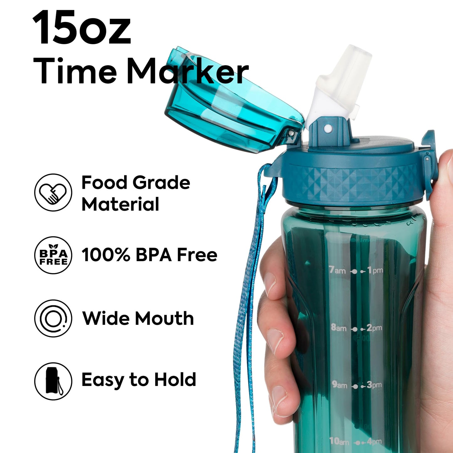 OLDLEY Kids Water Bottle with Straw 15 oz BPA-Free Leak-Proof Motivational Water Bottles with Time Marker for School Sports Travel Gym, Easy to Use for Girls Goys, 1 Straw Lid,Transparent-dark green