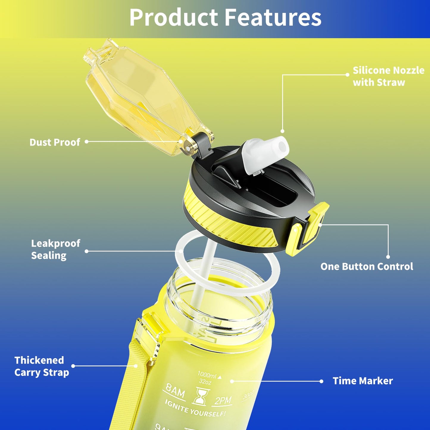 QLUR Water Bottle with Straw, 32 oz Motivational Water Bottles with Time Marker to Drink, Tritan BPA Free, 1L Sports Water Bottle with Carry Strap LeakProof for Women Gym Fitness Outdoor (1 Pack)