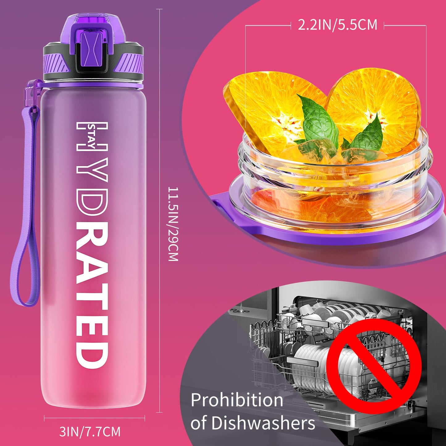 QLUR Water Bottle with Straw, 32 oz Motivational Water Bottles with Time Marker to Drink, Tritan BPA Free, 1L Sports Water Bottle with Carry Strap LeakProof for Women Gym Fitness Outdoor (1 Pack)