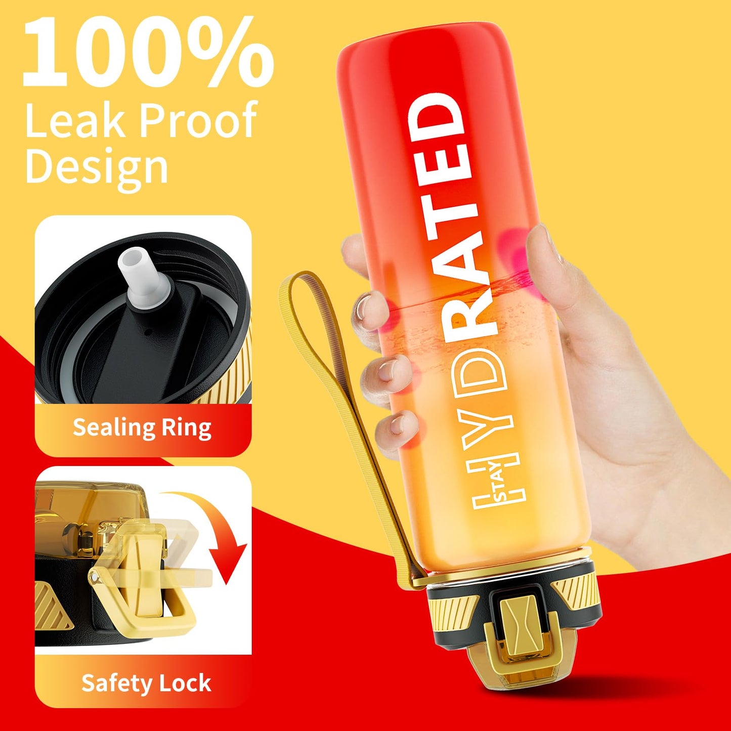 QLUR Water Bottle with Straw, 27 oz Motivational Water Bottles with Time Marker to Drink, Tritan BPA Free, 800ml Sports Water Bottle with Carry Strap LeakProof for School Fitness Outdoor (1Pack)