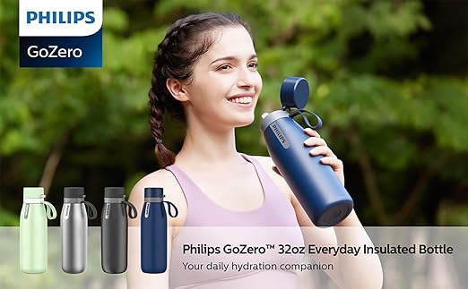 PHILIPS Filtered Water Bottle, Insulated Stainless Steel Water Purifier Bottle for Daily Life & Travel, BPA Free with GoZero Everyday Filter for Cleaner & Tastier Tap Water, Keeps Cold, 32 oz Gray
