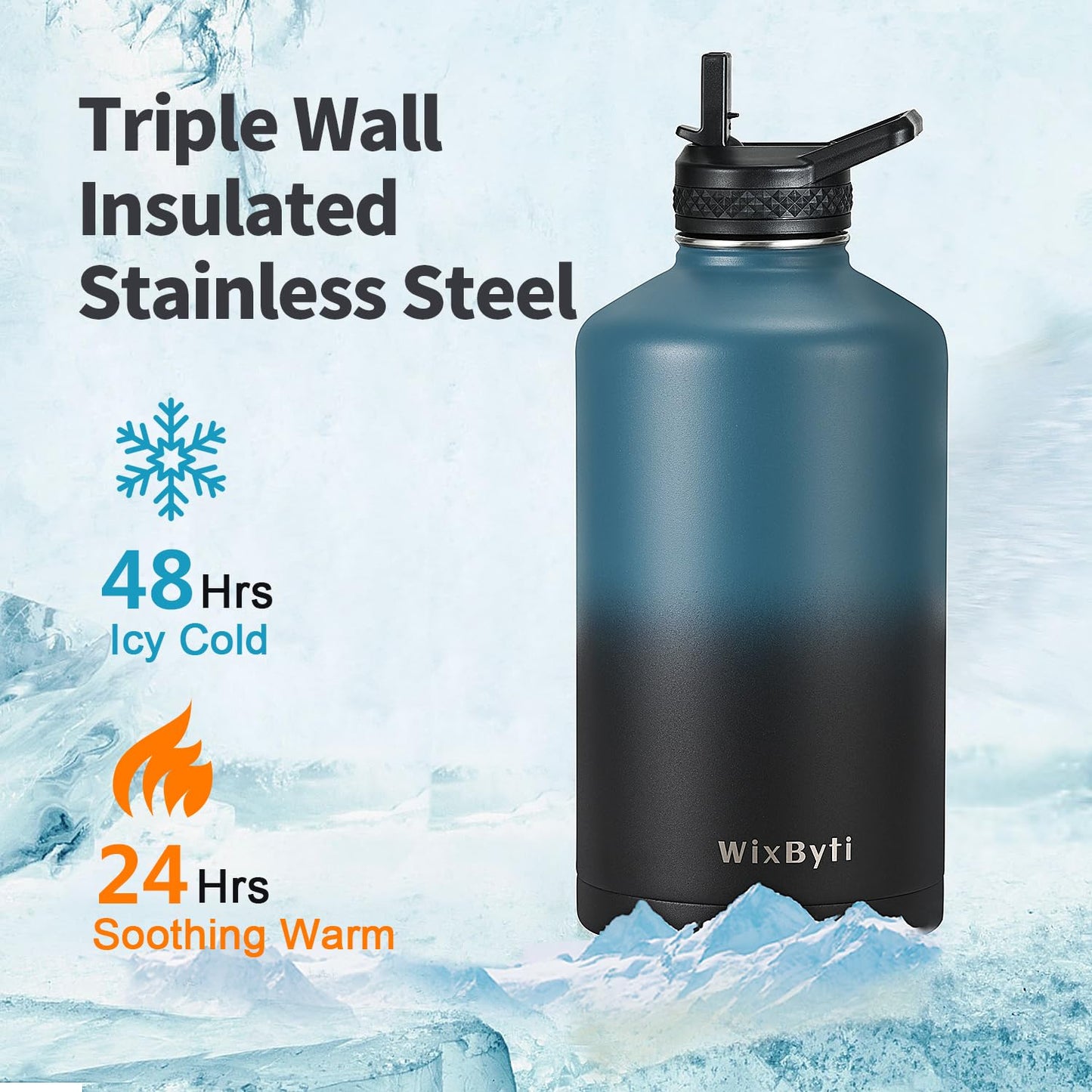 WixByti One Gallon Water Bottle Insulated with DIY Stickers, Triple Wall Vacuum Cold for 48 Hrs Leak-proof Non-BPA, 128oz Large Sports Stainless Steel Water Jug with Paracord Handle Straw Spout Lids