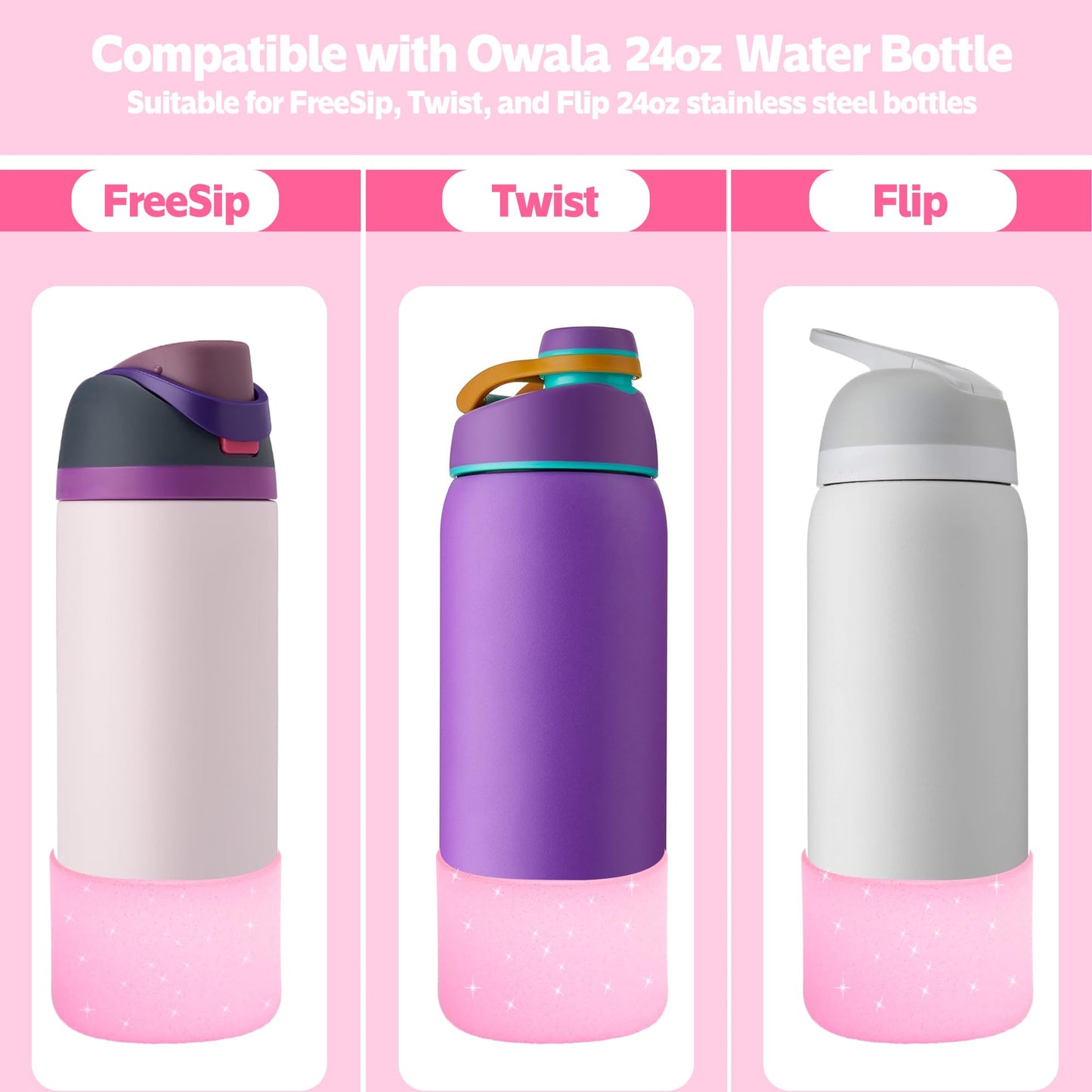 2PCS Silicone Water Bottle Boot for Owala 24oz 32oz 40oz,Anti-Slip Protective Sleeve Bottom Bumper Protector for FreeSip, Twist, and Flip Stainless Steel Water Bottles (Clear Glitter Pink, 24oz)