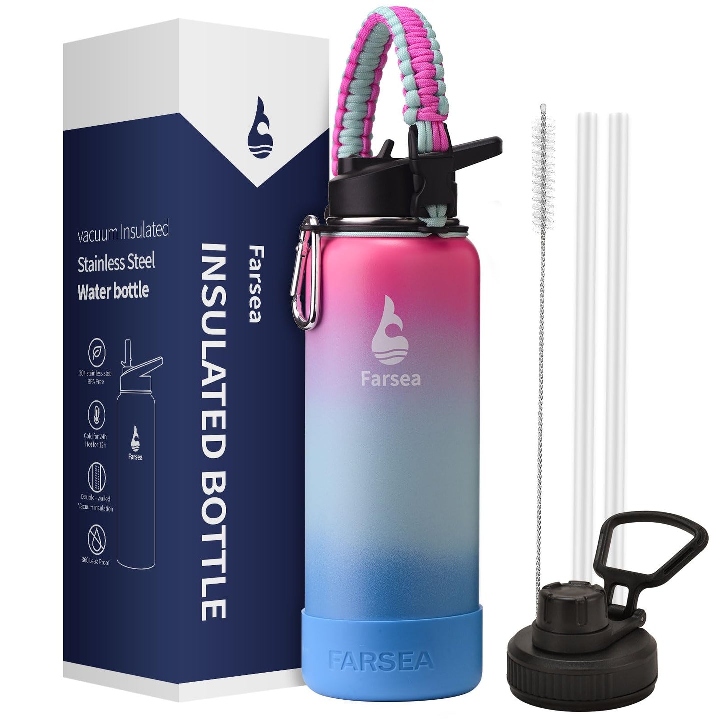 Farsea Insulated Water Bottle With Paracord Handle, Protective Boot and 2 Lids (Straw Lid & Spout Lid), Stainless Steel Water Bottle Wide Mouth, Double Wall Sweat-Proof BPA-Free, 18 oz