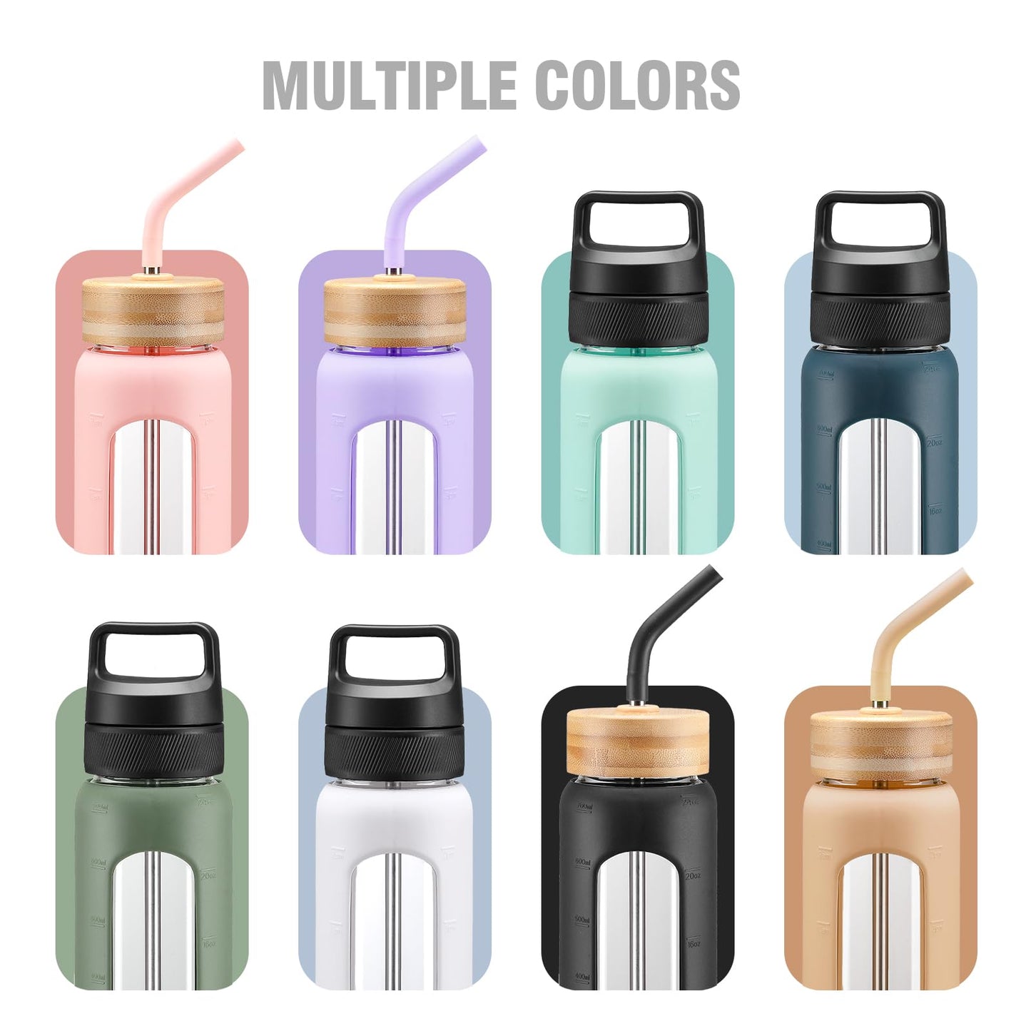 Kodrine 24 oz Glass Water Bottle with Straw, Clear Water Bottle Chug Lid and Bamboo Straw Lid, Borosilicate Glass Bottle 2 Lids Handle Top, Wide Mouth Water Bottle With Silicone Sleeve, Navy Blue