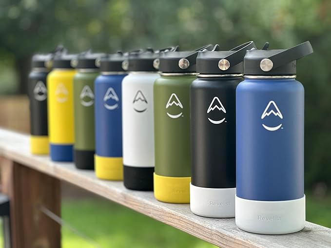 Revelist Sports Water Bottle - 32 Oz, 3 Lids (Straw Lid, Spout & Screw Top) with Boot, Vacuum Insulated Stainless Steel, Double Walled, Reusable Water Flask, Metal Canteen - Blue & White
